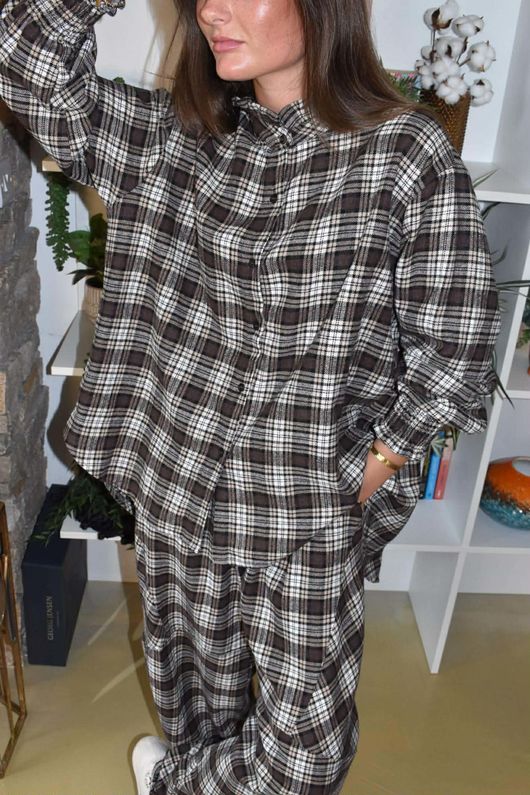 Patrick Plaid Brushed Cotton Edwardian Blouse Earth